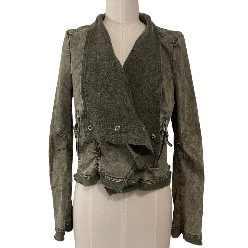 ❤️ Free People Army Green Stretch Twill Moto Collapsing Front Jacket - Picture 4 of 11